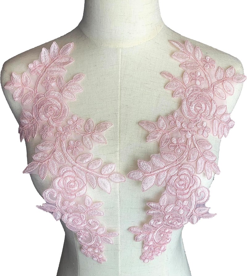 Worlds 1 Pair Pink Lace Fabric Patches Embroidery Applique Lace Floral Motif Wedding Dress Sewing Trims Decor 35 X 14.5cms - Image 1